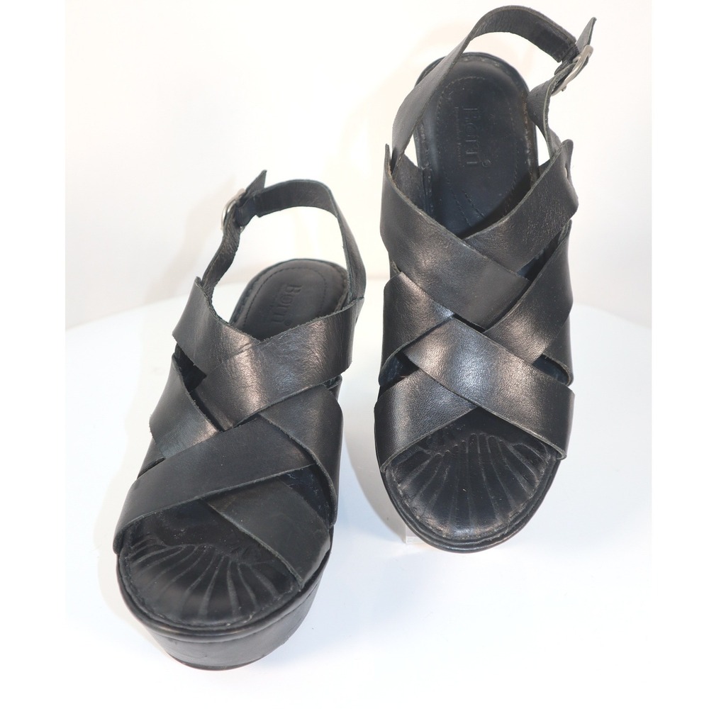 Y2K BORN CATALEEN WEDGE SANDALS WOMEN'S BLACK LEATHER OPEN TOE  Size 8